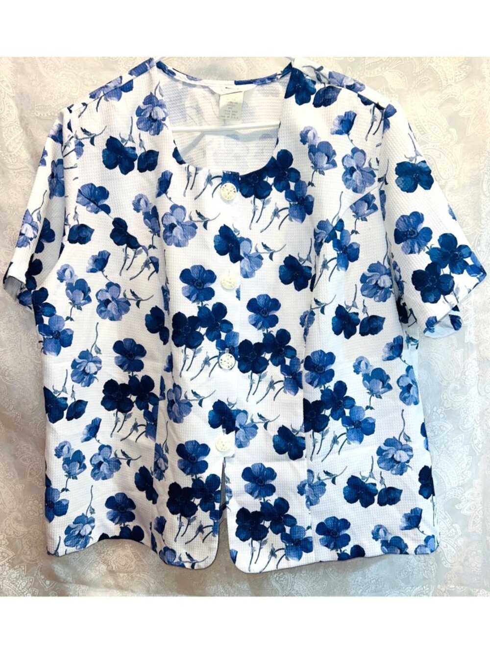 Andrea Kay Womens Floral Button-Up Blouse White & Blue Short Sleeve Size 26W